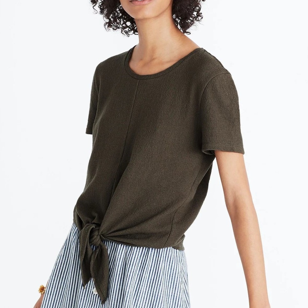 Madewell Olive Green Front Tie Knot Short Sleeve Cotton Top Small G6921